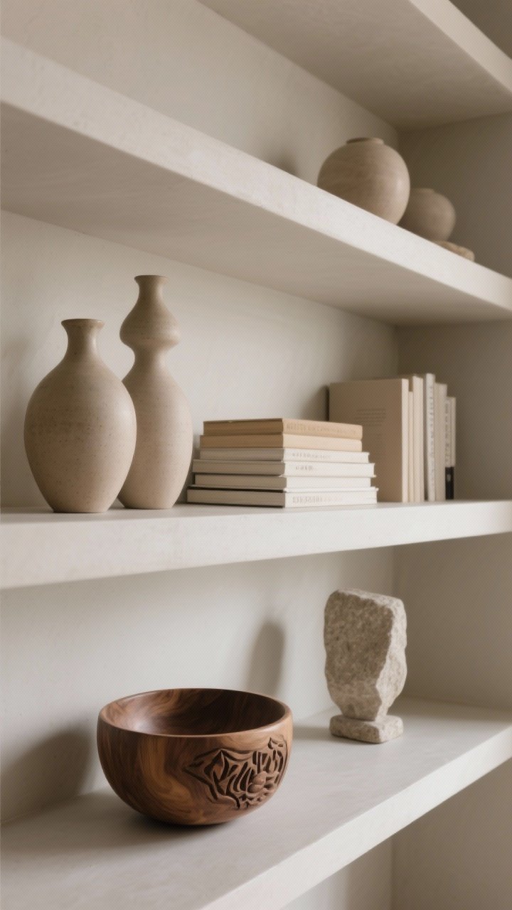 Medium closeup of open shelving styled minimally: grouped objects in odd numbers—ceramic vases, stacked neutral books, a carved wood bowl, and a small stone sculpture; deliberate negative space between groupings; tonal palette and matte finishes; soft side lighting to define shapes and textures, photorealistic.