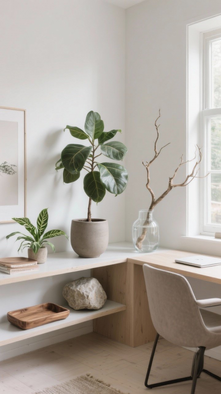 Medium corner vignette: Biophilic touches—a rubber tree in a matte ceramic pot beside the desk, a ZZ plant on a low shelf, and a clear glass vase holding a sculptural branch. Add a stone accessory and wood tray for “nature moments.” Bright natural daylight, serene Scandinavian mood, photorealistic.