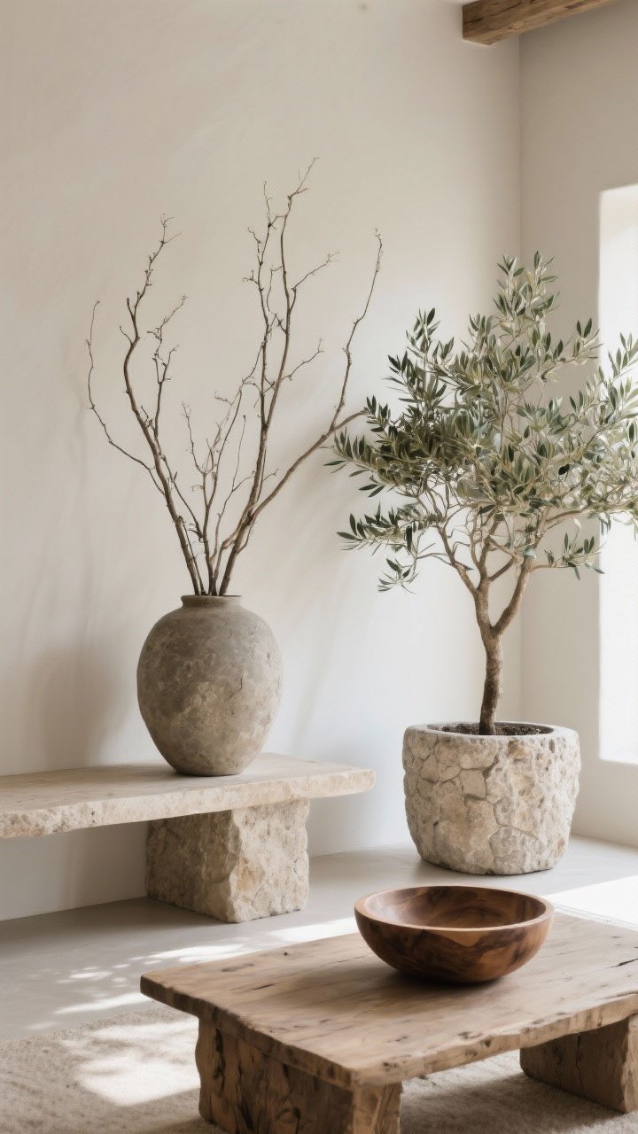 Medium detail shot bringing the outdoors in: an oversized stone vase with tall foraged branches on a console, a potted olive tree in a textured stone planter nearby, and a raw wood bowl on the coffee table left intentionally empty; clean lines, neutral palette, natural daylight, photorealistic.