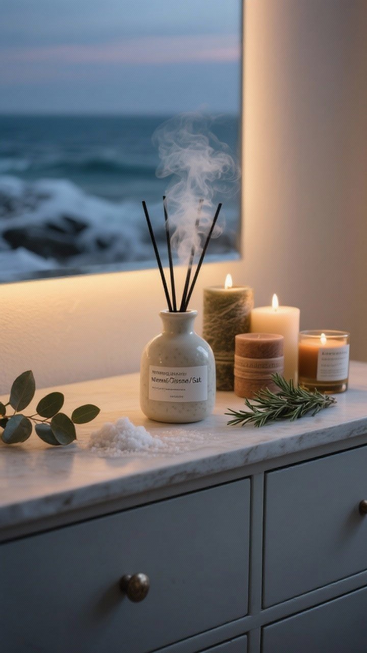 Medium shelf/dresser scene: A winter coastal scent story—ceramic diffuser emitting a gentle mist labeled with mineral/ozone/sea salt notes, layered candles in cedar, sandalwood, and balsam, plus small eucalyptus and rosemary sprigs nearby. One scent per zone implied via grouped items, warm evening light, calm spa-like mood, photorealistic, no people.