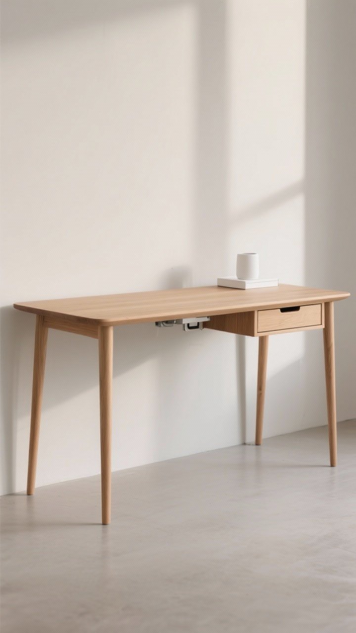 Medium shot: A slim, rectangular light oak desk with slender legs and gently rounded corners, matte white accessories kept minimal, no ornate hardware, a small single drawer. Optional sit-stand mechanism subtly shown with a wood top. Neutral backdrop, soft natural daylight, clean Scandinavian lines, photorealistic.