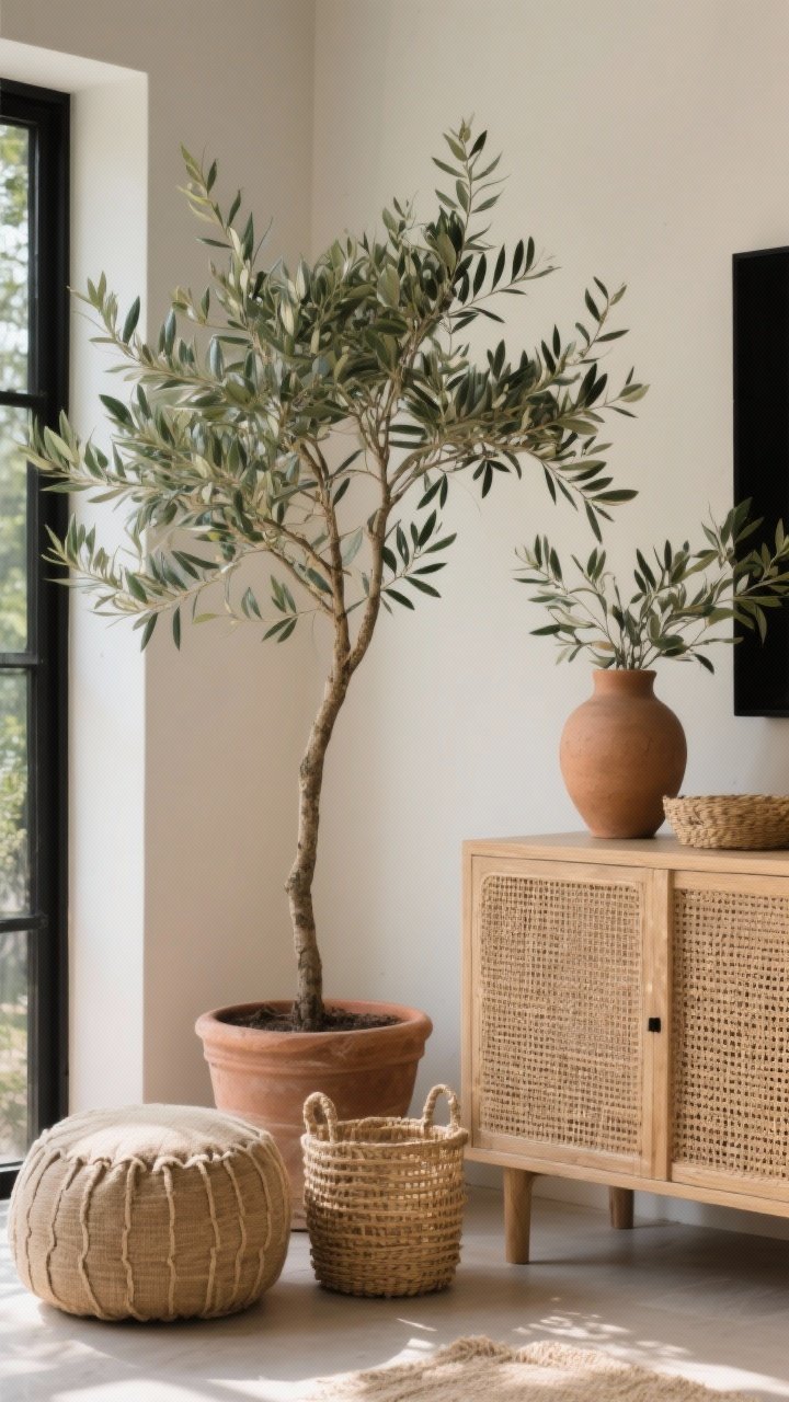 Medium shot bringing the outdoors in: an olive tree in a clay pot providing vertical height beside a cane-front cabinet, a clay vase on top with seasonal eucalyptus branches, woven seagrass baskets and a jute pouf adding texture; neutral backdrop with soft black accents; bright but warm natural daylight filtering in to make greenery vivid yet calm; photorealistic.