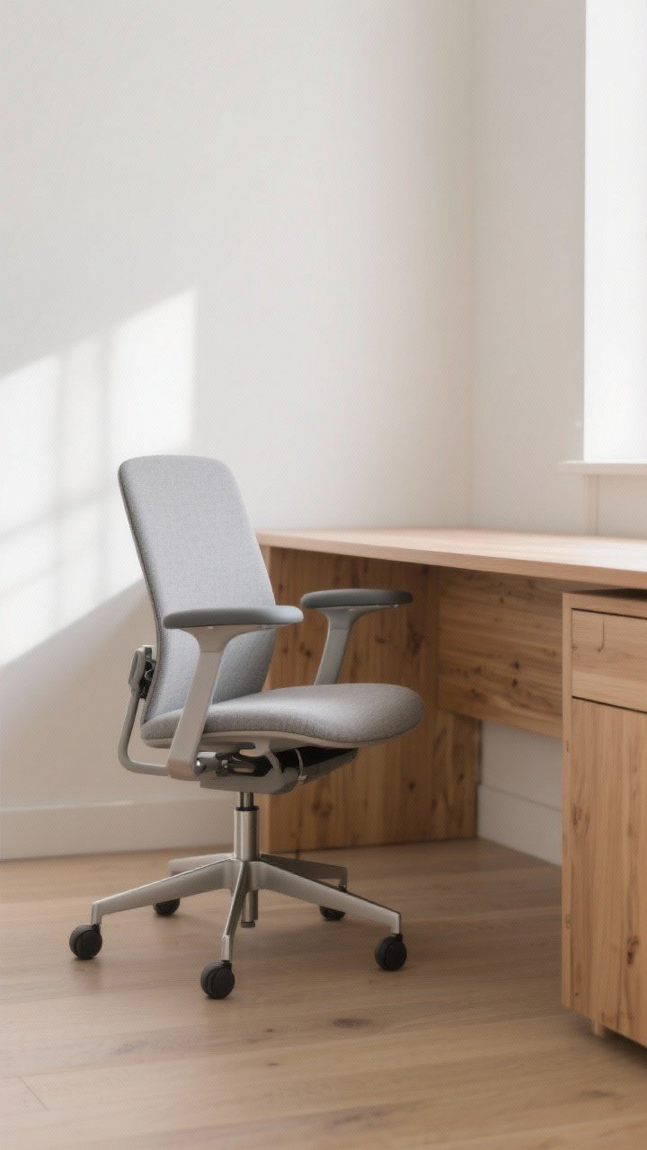 Medium shot: Ergonomic office chair with adjustable lumbar, slim arms, breathable light gray fabric upholstery, and a refined metal base beside a Scandinavian wood desk. Clean lines, supportive design, neutral palette that complements Scandi wood tones, soft daylight, photorealistic.