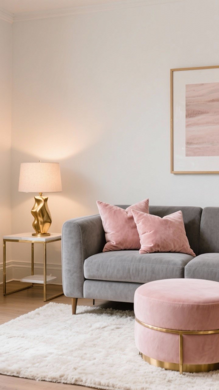 Medium shot focusing on smart color accents around a grey couch: choose one scheme from the list and commit—Grey + Blush + Brass. Show blush velvet pillows, a brass table lamp or sculptural object on the side table, and a neutral base (cream rug, light walls). Add a single statement object like a blush ottoman or a brass-framed art piece. Keep the rest neutral so the colors pop. Warm, cozy lighting.
