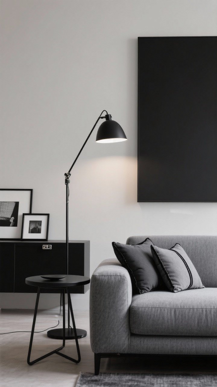 Medium shot highlighting black accents that add edge to a grey sofa setup: black metal minimalist floor lamp, sleek black side table, black picture frames and hardware on a nearby console, and one or two pillows with black piping or thin black stripes. Ensure black elements total roughly 10–15% of the scene, providing crisp definition without harshness. Neutral walls, soft ambient lighting.