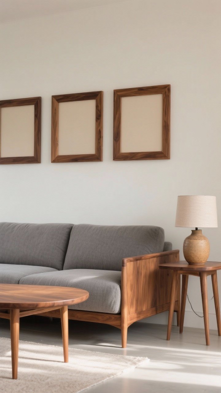 Medium shot of a living room corner featuring a grey couch paired with warm wood tones: a rounded-edge walnut coffee table in front, slim-legged oak side table to the right with a ceramic lamp, and a trio of walnut frames hung in a neat row above the couch. If the sofa appears light grey, use medium walnut wood; if charcoal, use honey oak for contrast. Airy styling with negative space, neutral walls, warm afternoon light for a cozy, balanced feel.