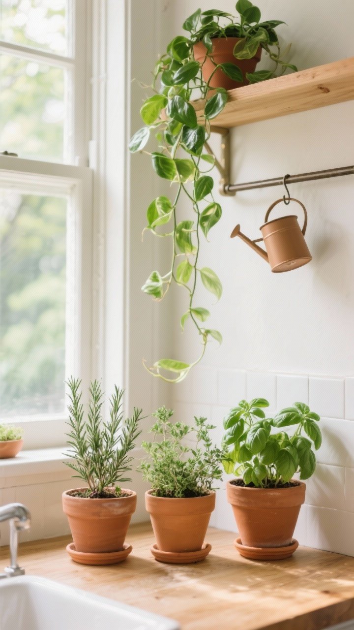 Medium shot of a sunny kitchen windowsill herb garden: terracotta pots with rosemary, thyme, and basil arranged on the sill; a trailing pothos cascading from an upper shelf; a small watering can on the counter as functional decor. Optional wall-mounted rail with an extra pot hanging. Soft morning light filtering through, vibrant green leaves contrasted against warm whites and wood.