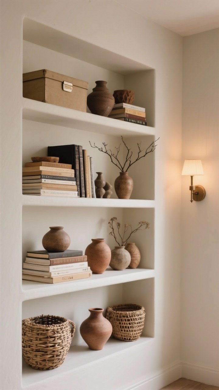 Medium shot of built-in shelves styled to feel collected: stacks of books used as risers, clay pottery and small sculptures, woven baskets, and a few branches in a vessel; groupings in odd numbers, varied heights, and intentional negative space on each shelf; a lidded box discreetly placed for storage; warm accent lighting from a nearby sconce; photorealistic.