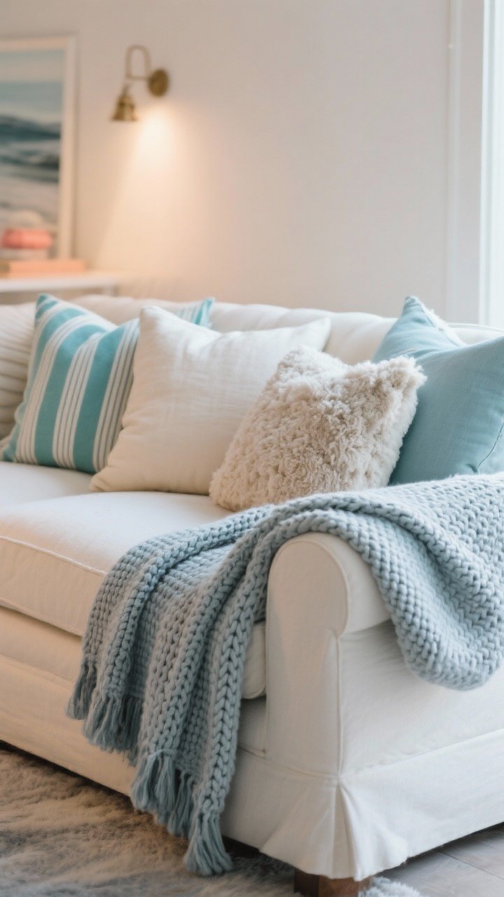 Medium sofa vignette: A cozy, ocean-inspired layered sofa styled like a boutique—cream chunky knit throw draped over one arm, a fog-blue lightweight waffle throw folded over the back, pillows mixing narrow coastal stripes, soft solids, and one textured bouclé or faux-shearling pillow. Hushed winter coastal palette (no bright turquoise or coral), warm ambient lighting, photorealistic, no people.