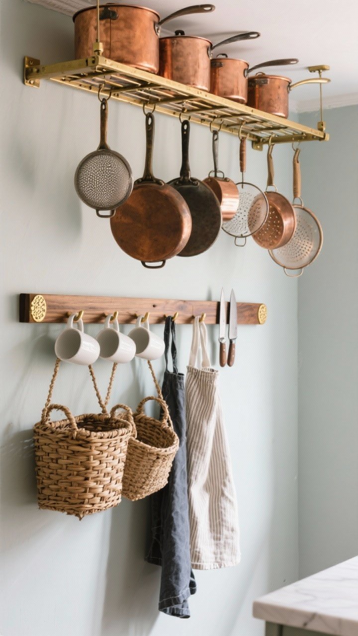 Medium, straight-on shot of everyday tools displayed like art: a painted peg rail holding mugs, aprons, and woven baskets; a magnetic knife strip with wooden/brass accents aligned neatly; a ceiling-mounted or wall pot rack with copper pans, sieves, and colanders grouped by material and tone. Soft, even daylight, one or two hero pieces emphasized with shallow depth of field.