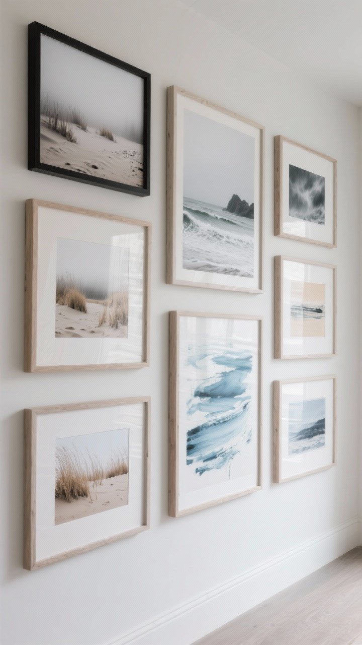 Medium wall gallery shot: A curated art wall with winter coastal pieces—foggy beach photography, dune grass and soft surf prints, abstract brushy blues, sandy beiges, and stormy grays. Frames in light wood, whitewashed finishes, and a touch of matte black for contrast. Overcast daylight for mood, minimalist styling, photorealistic, no people.