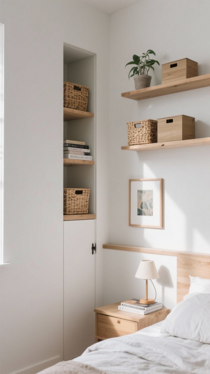 Medium-wide wall-focused shot: Vertical storage “secret” shelves in a compact bedroom—slim floating shelf above the door holding matching woven baskets and a couple of stacked books; shallow ledge over the headboard styled with a small framed artwork, a petite lamp, and bedtime reads; high corner floating shelves with a plant and minimal decor. White walls, light oak shelves, matching boxes/baskets for a cohesive look; clean, shadowed afternoon light; shot from a corner angle to emphasize height.