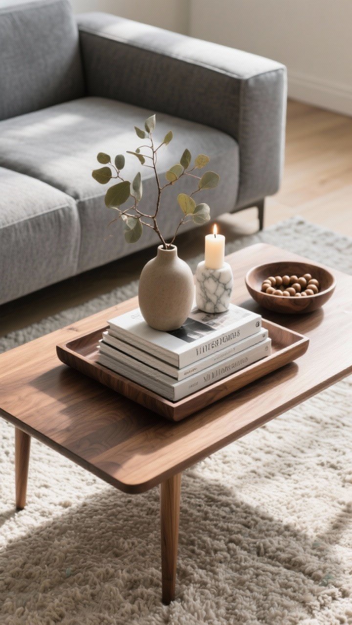 Overhead detail shot of a styled coffee table in front of a grey couch using the 3-part formula: a large tray as the base, stacked design books creating height, a vase with leafy branches, a lit candle, and an organic element like a marble object or a bowl of wooden beads. Table could be walnut or light oak; show a glimpse of the grey sofa edge and a neutral rug underneath. Natural mid-morning light, balanced and uncluttered.