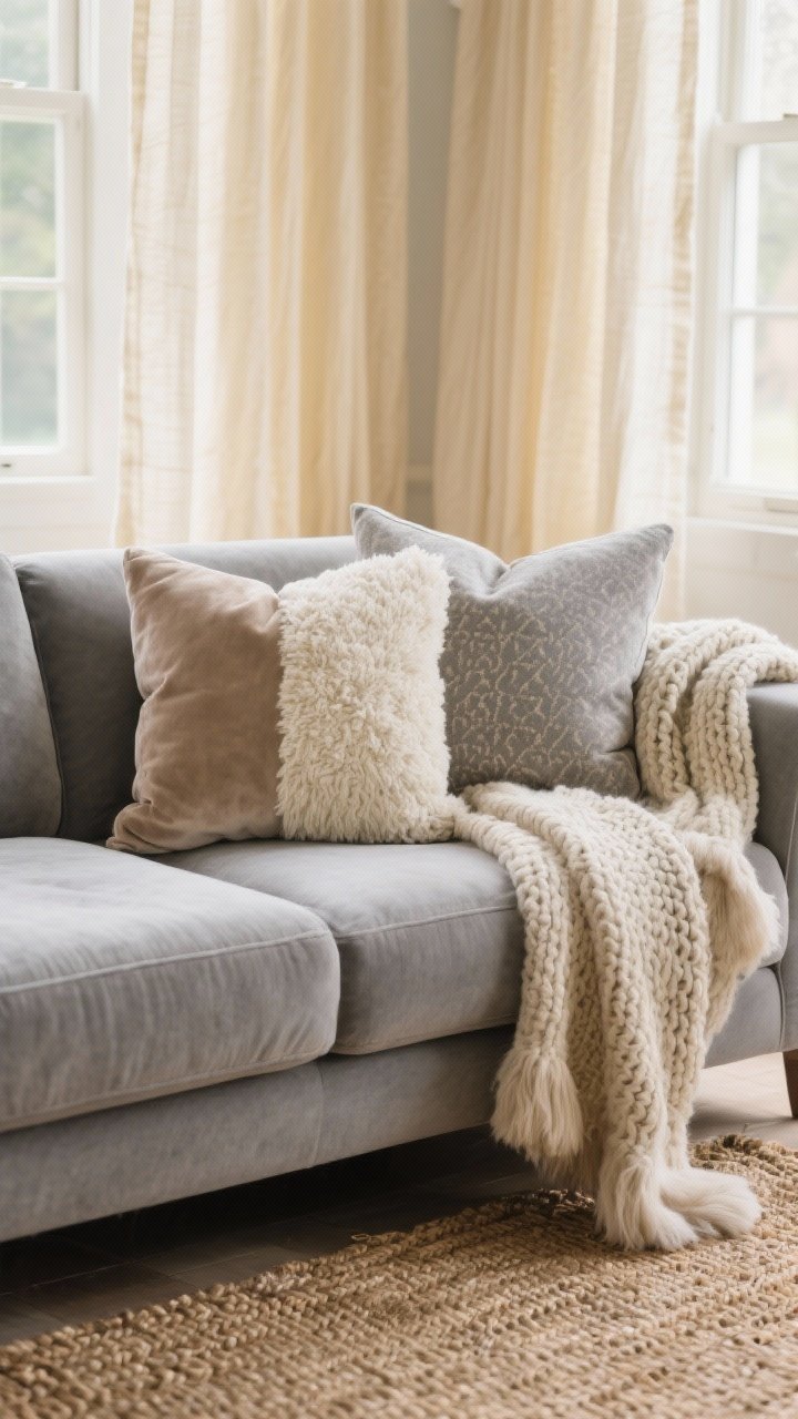 Photorealistic closeup detail shot of a grey couch styled with layered textures: two velvet pillows in soft taupe and dove grey, one boucle pillow in cream, and one subtle patterned pillow; a chunky knit throw in oatmeal casually draped over the arm, with a faux fur throw folded at the back; behind the sofa, long linen curtains in warm cream; a woven natural jute rug underfoot. Soft natural window light, neutral palette of greys, creams, and soft taupes, highlighting the contrast between soft and rough textures.