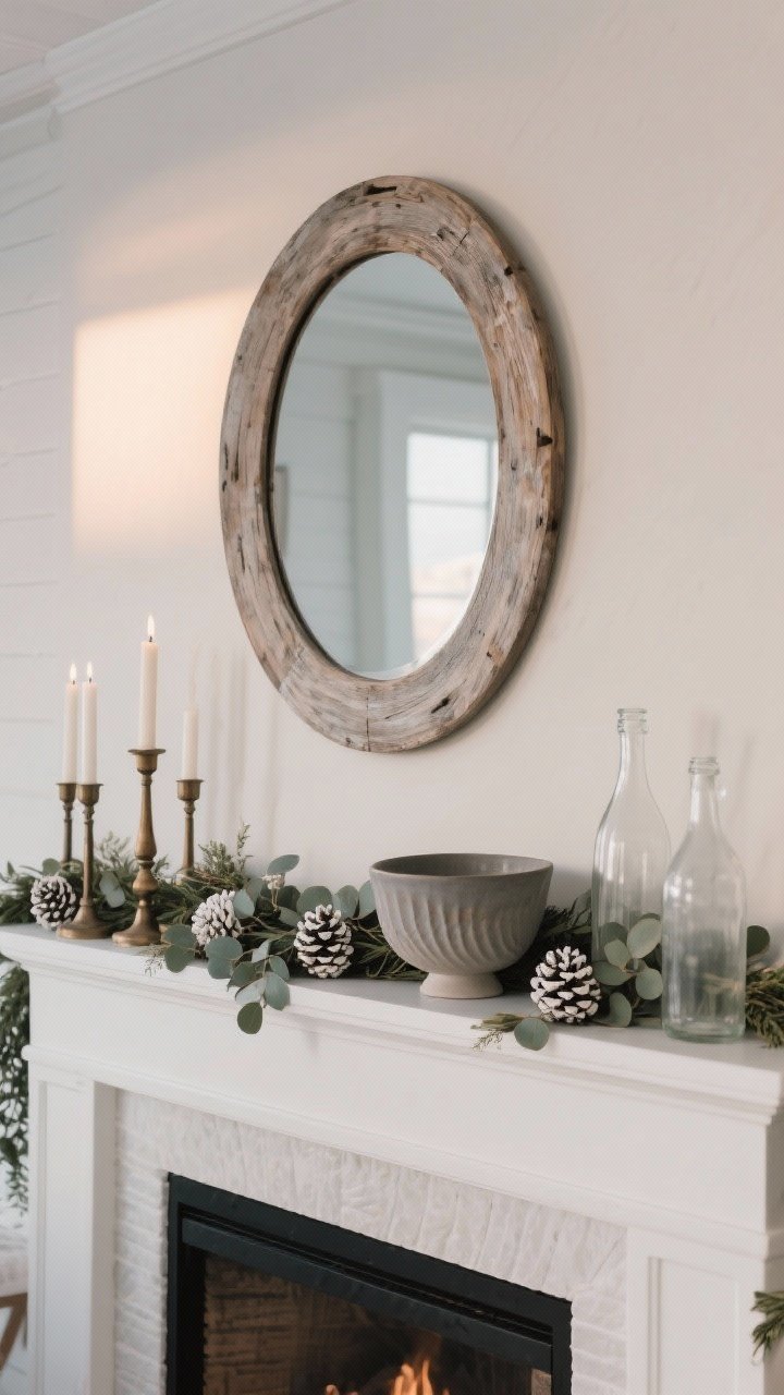 Straight-on mantel shot: An elevated coastal winter mantel styled minimally—neutral backdrop, a round mirror or weathered wood frame as the anchor, eucalyptus garland woven with a few bleached pinecones, mixed-height candlesticks, a matte ceramic shell bowl, and frosted glass bottles. Soft evening light, clean and chic, no holiday kitsch, photorealistic, no people.