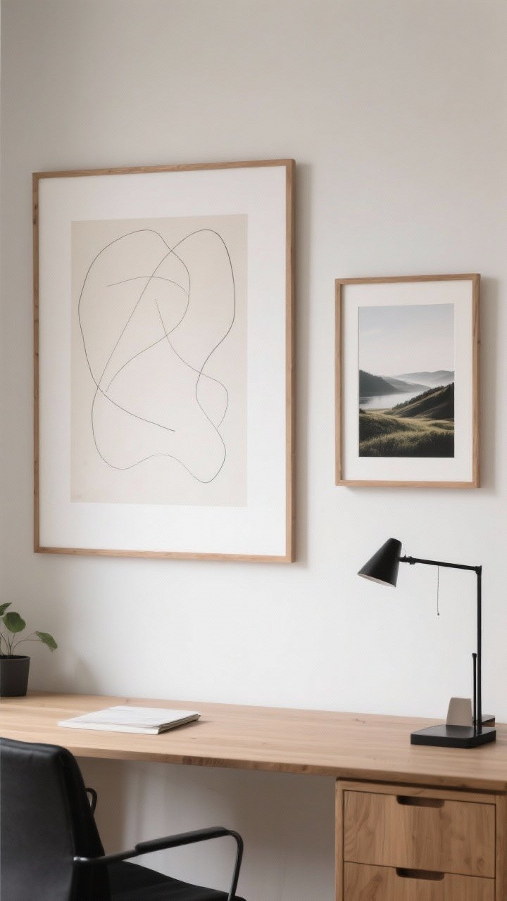 Straight-on medium shot: Calm Scandinavian artwork above a desk—one large abstract print with soft, muted lines paired with a mid-size landscape photograph. Frames in light oak and thin black metal, consistent matting. Neutral wall, balanced composition, soft natural light, photorealistic.
