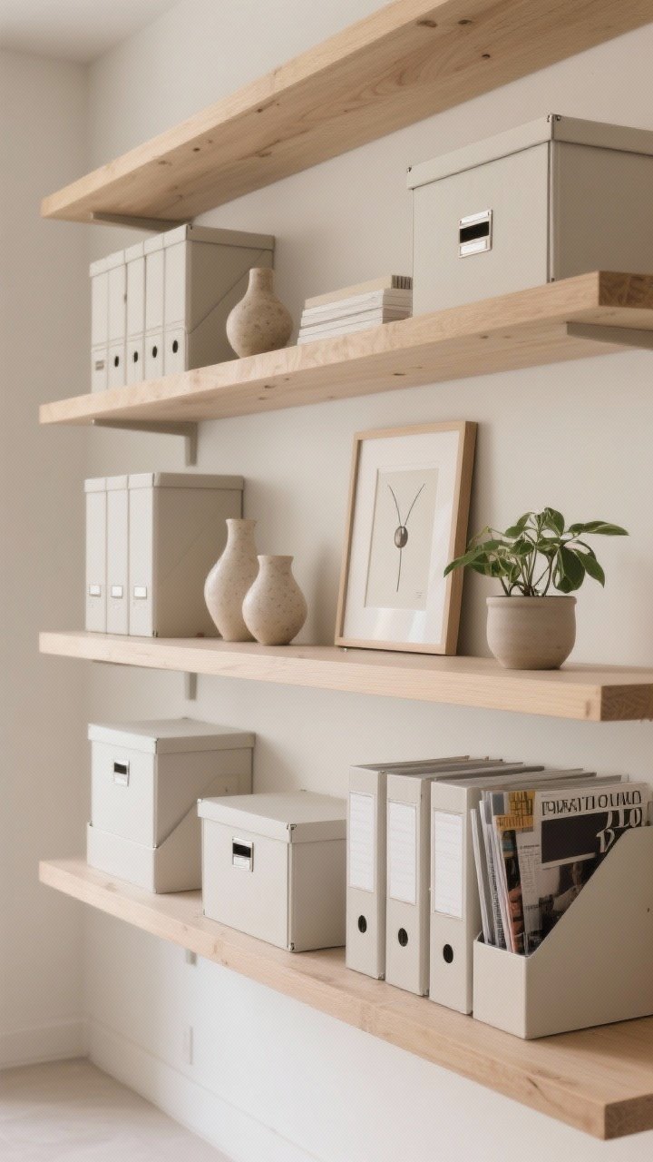 Straight-on medium shot: Curated open shelving in light wood with 60% storage, 40% display—neutral storage boxes, matching magazine files and binders, plus 2–3 ceramic pieces, a framed minimalist print, and a small plant. Each shelf shows one anchor piece with breathing room and repeated materials for calm consistency, photorealistic.