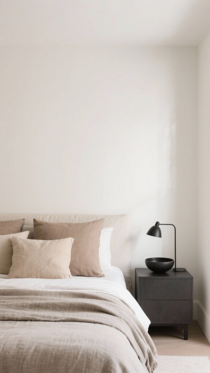 Straight-on medium shot of a bedroom wall and bed vignette showcasing a soft, nature-inspired palette: creamy white walls, warm greige textiles, bedding in mushroom, oat, putty, and sandy hues. Small accents in matte black/charcoal on a nightstand (minimal lamp or bowl). Tonal harmony with no high-contrast; soft, diffused daylight for a serene mood.