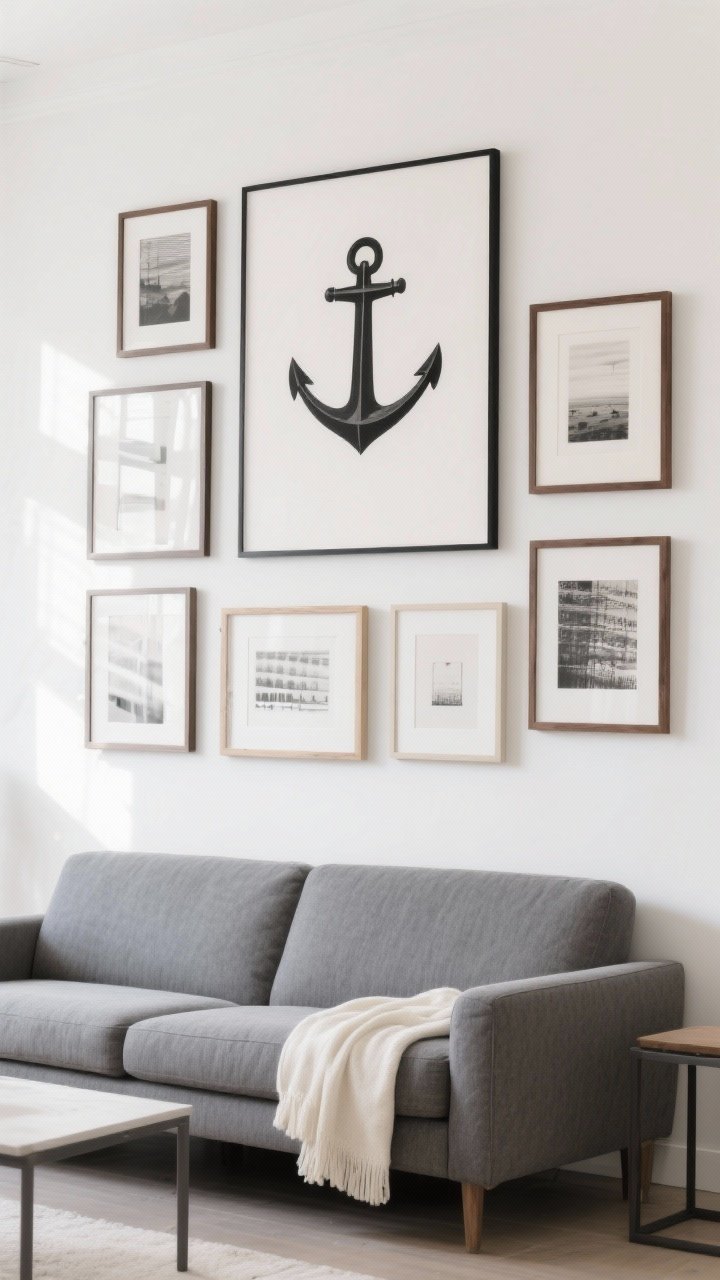 Straight-on medium shot of a gallery wall over a grey couch: one large anchor print centered above the sofa, surrounded by 4–6 smaller pieces in a cohesive arrangement with 2–3 inches between frames; consistent frame color (black or walnut); the bottom row about 8 inches above the couch back. Include a simple cream throw on the sofa and a minimal side table to keep focus on the art. Bright, even daylight for clarity.
