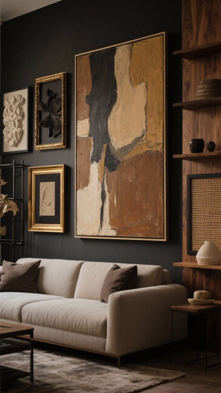 Straight-on medium shot of curated art: an oversized abstract canvas in earthy tones over the sofa, a nearby gallery wall mixing wood, black metal, and brass frames; include a plaster relief and a woven wall panel on adjacent shelving; moody, warm lighting enhances texture and depth, photorealistic.