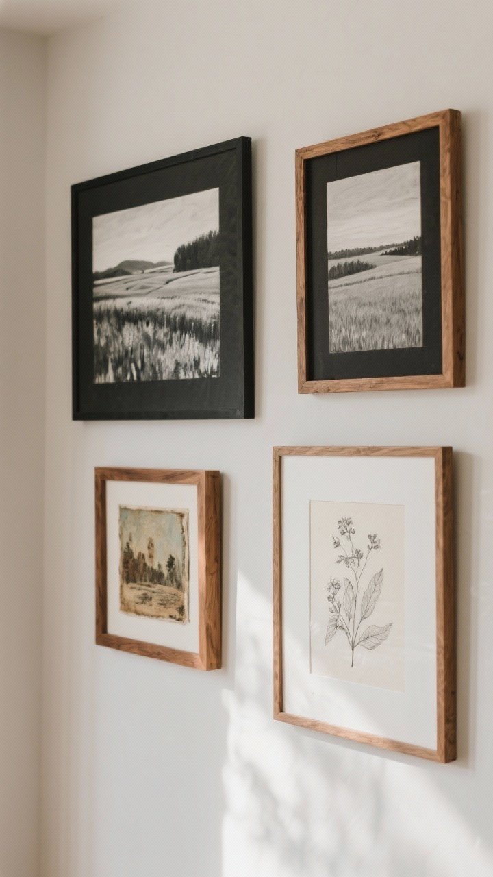Straight-on medium shot of curated wall art: a mix of black and warm wood frames containing monochrome landscapes and muted abstract fields, a small vintage oil painting with visible brush texture, and a framed botanical sketch; spacing consistent for a refined gallery look; canvas textures visible; neutral wall color; gentle afternoon light to avoid glare.