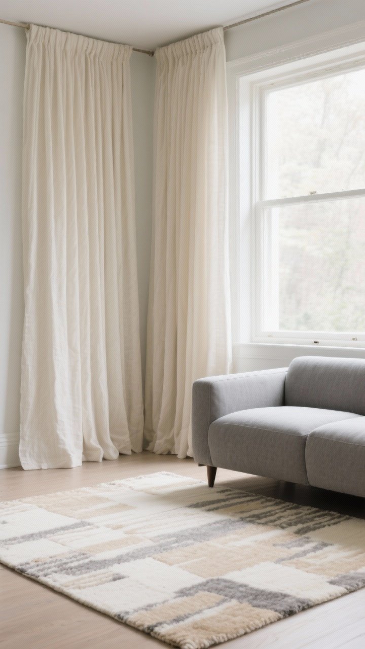 Wide corner shot emphasizing softness from curtains and rugs around a grey couch: long cream curtains hung high and wide (8–12 inches above the window frame and extending 6–12 inches beyond each side), and a properly sized rug in cream/sand/tonal grey with the front sofa legs resting on it. If the couch is solid, the rug has a subtle pattern. Light, airy atmosphere with gentle daylight filtering through the linen-like drapery.