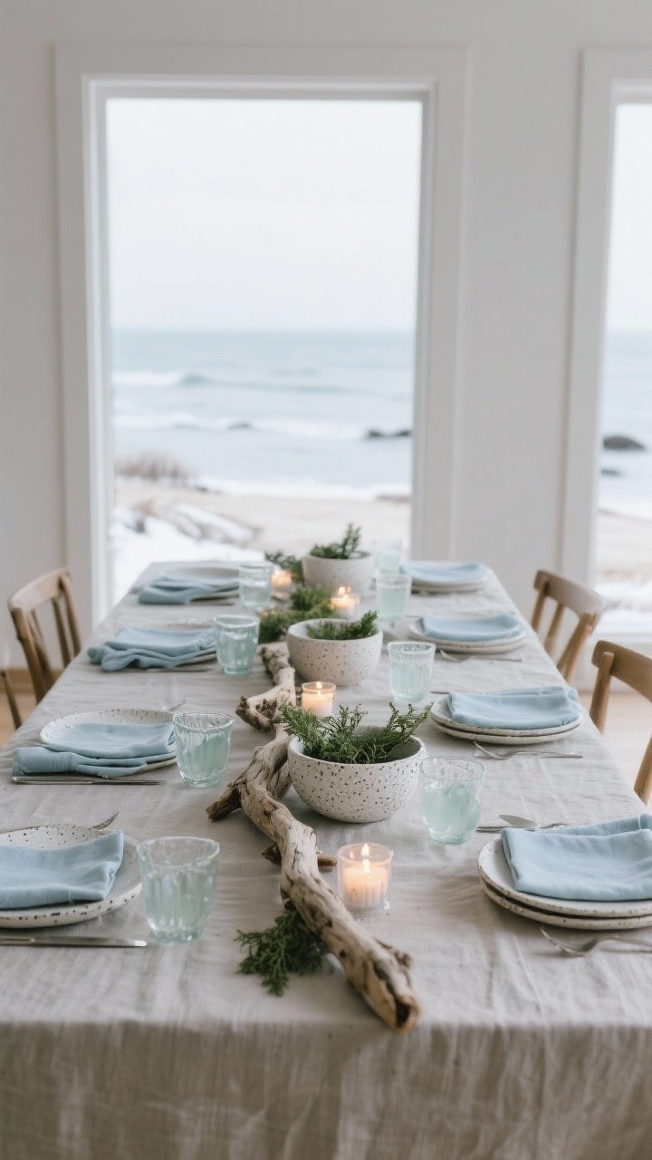 Wide dining tablescape: A calm winter shoreline table—natural linen tablecloth in fog gray or sand, matte white or speckled stoneware plates, pale blue napkins, driftwood running down the center with low bowls of greenery and scattered tea lights, and clear or lightly sea-glass tinted tumblers. Gentle ambient lighting, effortless elegance, photorealistic, no people.