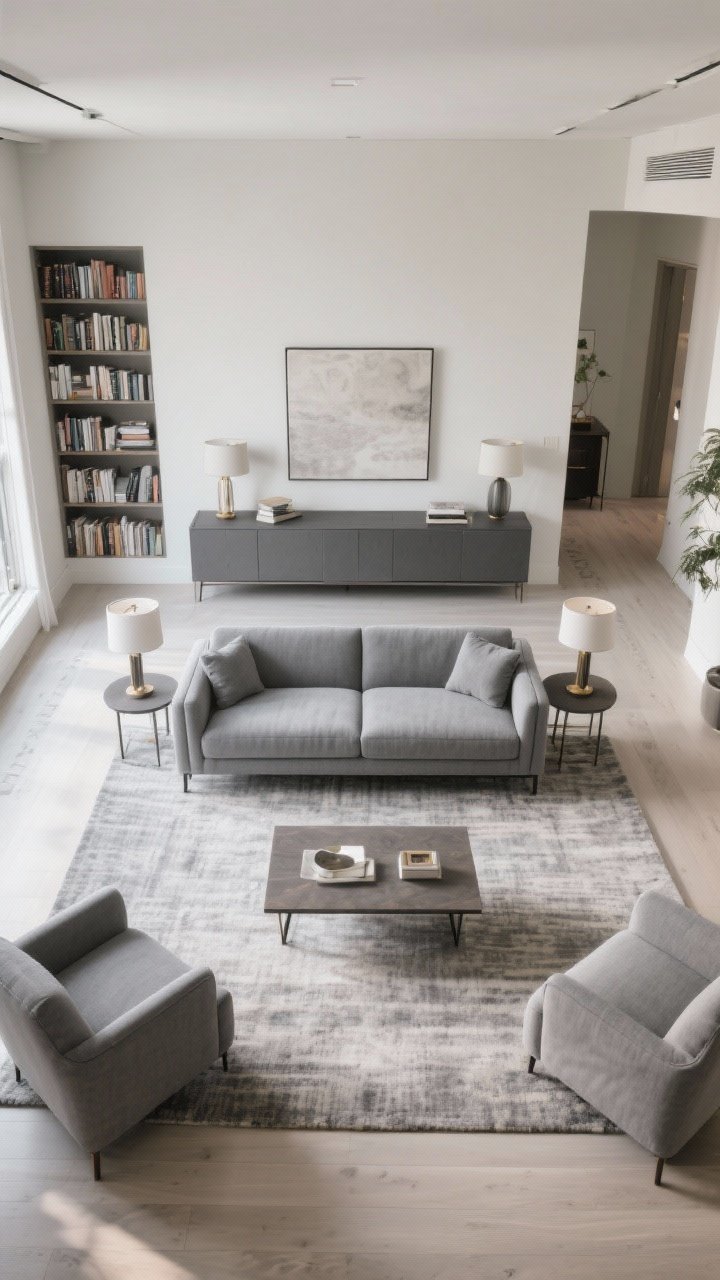 Wide overhead-angled shot of a thoughtfully balanced living room layout with a grey couch: seating centered on the area rug to anchor the zone, near-symmetry with matching side tables or lamps flanking the sofa, and a substantial credenza or bookcase opposite to balance visual weight. Maintain clear pathways—30–36 inches for main routes, 18 inches between coffee table and sofa. For a designer finish, float the couch slightly off the wall with a slim console behind it. Even, natural ambient light for clarity.