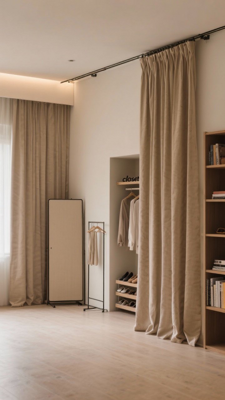 Wide shot creating zones: A wall-to-wall ceiling-mounted curtain track spanning one side of the room with thick linen curtains in a room-matching warm neutral, partially drawn to reveal a hidden mini “closet” setup—shelves, hanging bars, and a shoe rack; a slim folding screen paired with a minimalist garment rack in another corner; a curtained bookcase with fabric pulled closed to hide visual noise. Soft, even ambient lighting for serenity; photorealistic, no people.