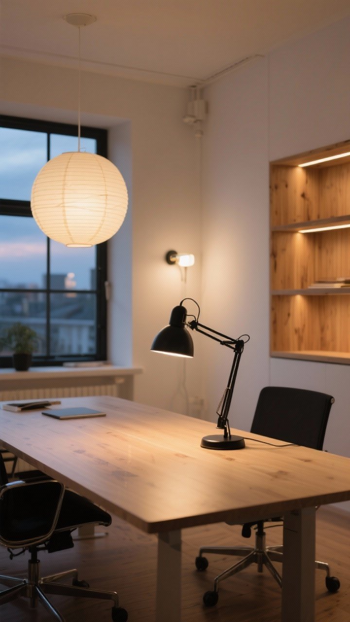 Wide shot: Layered lighting in a Scandinavian office—warm LED task lamp (2700–3000K) on the desk with matte black finish, an overhead paper lantern casting soft ambient glow, and a small wall sconce near open shelving for atmosphere. Light wood, white walls, balanced warm illumination, photorealistic evening scene.