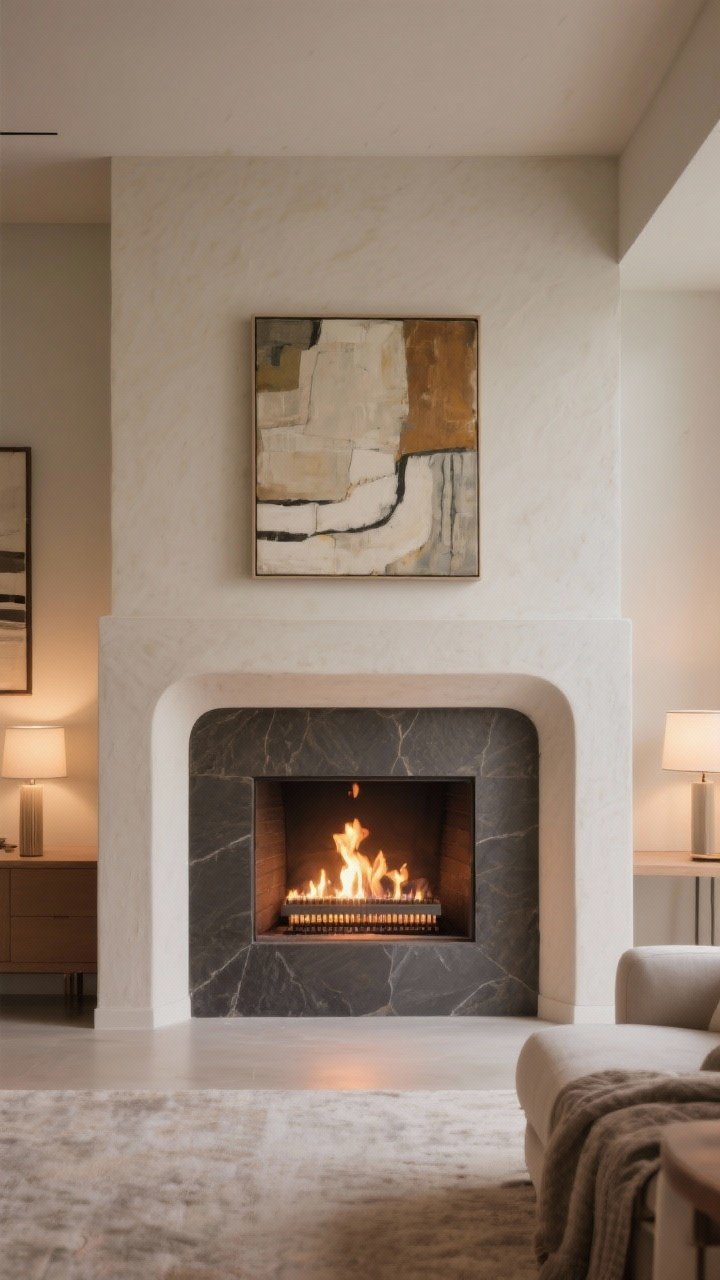 Wide shot of a statement fire feature: a linear gas insert set within a smooth plaster surround with gentle curves, a slate hearth introducing deep earthy tones; mantel kept minimal with one large art piece above; uncluttered hearth, warm firelight mixing with soft ambient lamps, photorealistic.