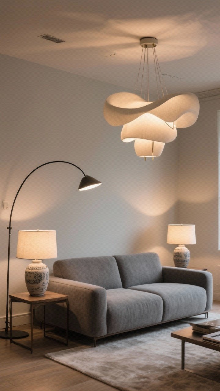 Wide shot showcasing statement lighting over a grey couch seating area: a modern sculptural chandelier overhead anchoring the space, an arc floor lamp sweeping over a sectional, and two ceramic-based table lamps on side tables. Use bulbs at 2700K–3000K for a warm glow, with a visible dim ambiance suggesting a dimmer in use. Neutral room, soft shadows, and the grey sofa reading intentional under layered light.