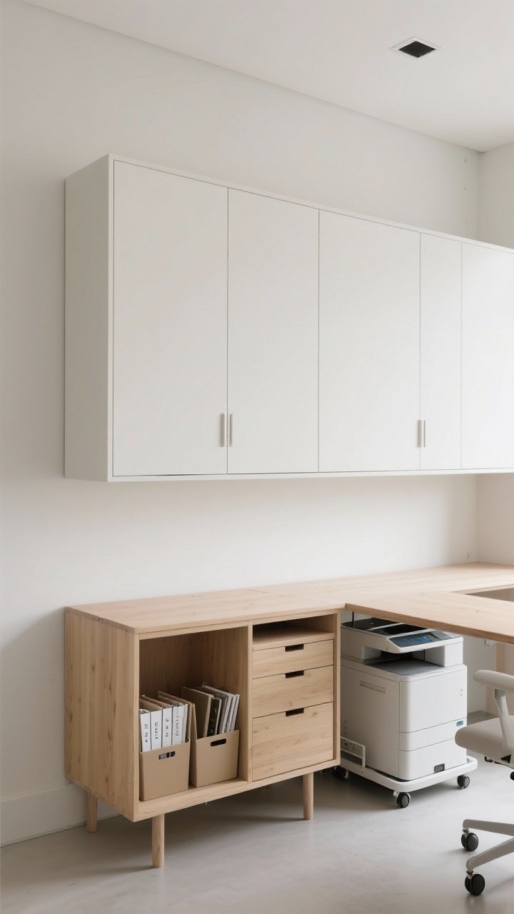 Wide shot: Smart storage that disappears—flat-front wall-mounted cabinets in soft white with no visible hardware, a slim light-wood credenza, and inside glimpses of labeled file bins and drawer dividers. A compact rolling cart tucked under the desk for a printer. Minimalistic, seamless, photorealistic.