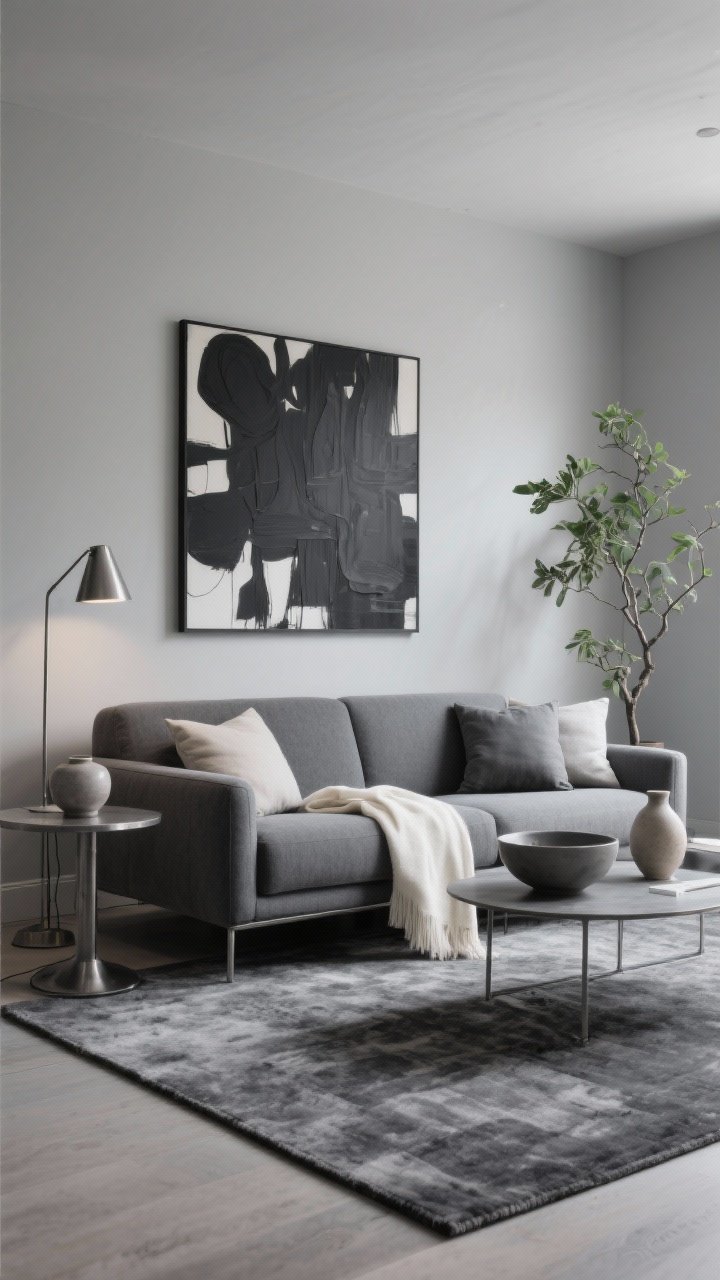Wide straight-on room shot of a layered monochrome living room: grey couch, slate grey area rug, charcoal-toned abstract artwork above the sofa, pewter metal accents on a side table, and cream elements (throw and small ceramic vase) to soften. Include a mix of finishes—matte ceramic bowl, brushed metal floor lamp, and soft textile pillows—and a tall green plant or branch arrangement to break up the grey-on-grey. Soft, even ambient lighting for a polished, gallery-like calm.