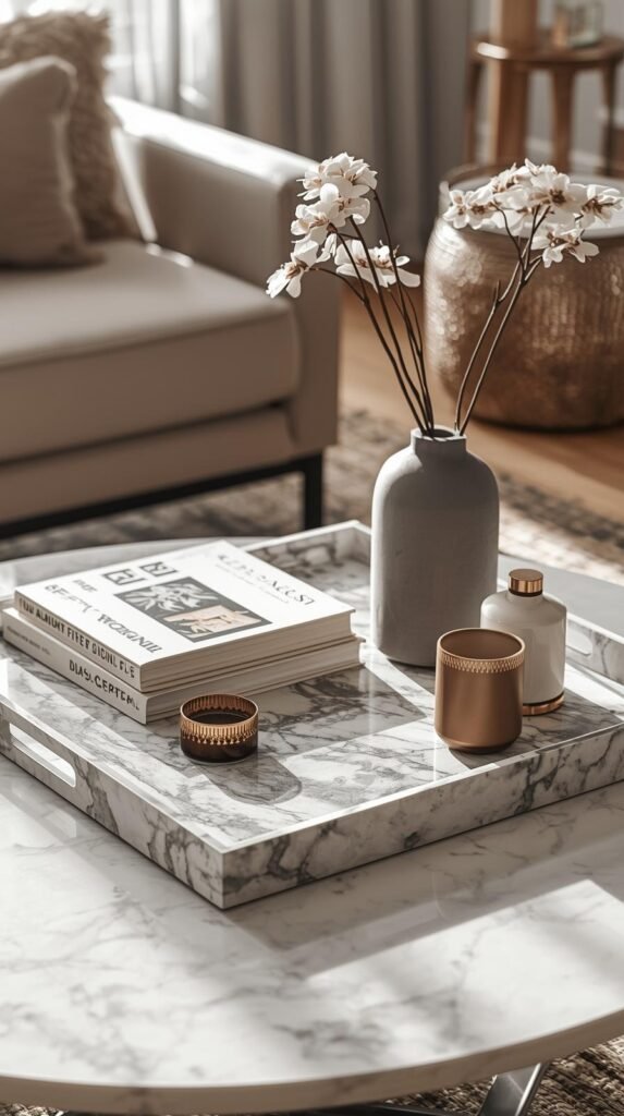 A bright, editorial-style home interior featuring a Calacatta marble tray styled on a modern coffee table.