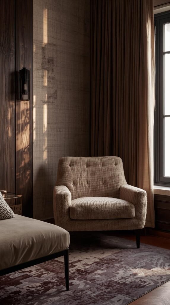 A cozy bedroom corner with an upholstered bench at the foot of the bed or a boucle accent chair near a window.