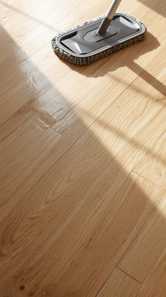 A microfiber mop resting nearby, no water puddles. Natural light highlighting the wood grain.