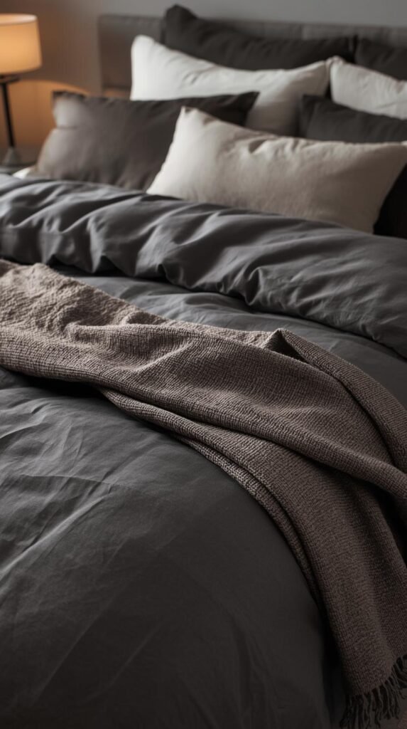 A modern eclectic bed with oversized linen duvet in charcoal or taupe, textured throw blanket casually draped, neutral layered pillows. 