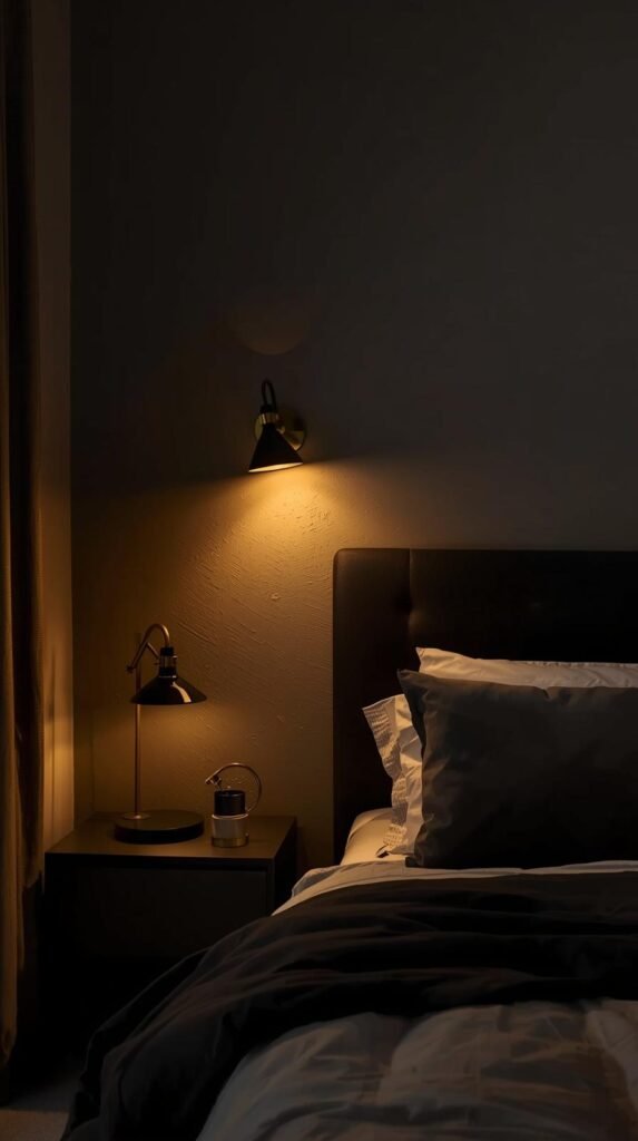 A modern moody bedroom featuring layered lighting, including cordless wall sconces mounted above a bed, black and brass metal finishes, soft shadows.