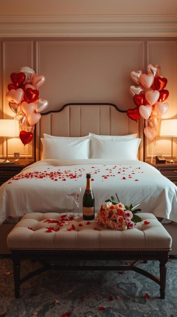 A romantic Valentine’s Day hotel bedroom styled with a soft, elegant color palette of pink, red, and blush balloons.