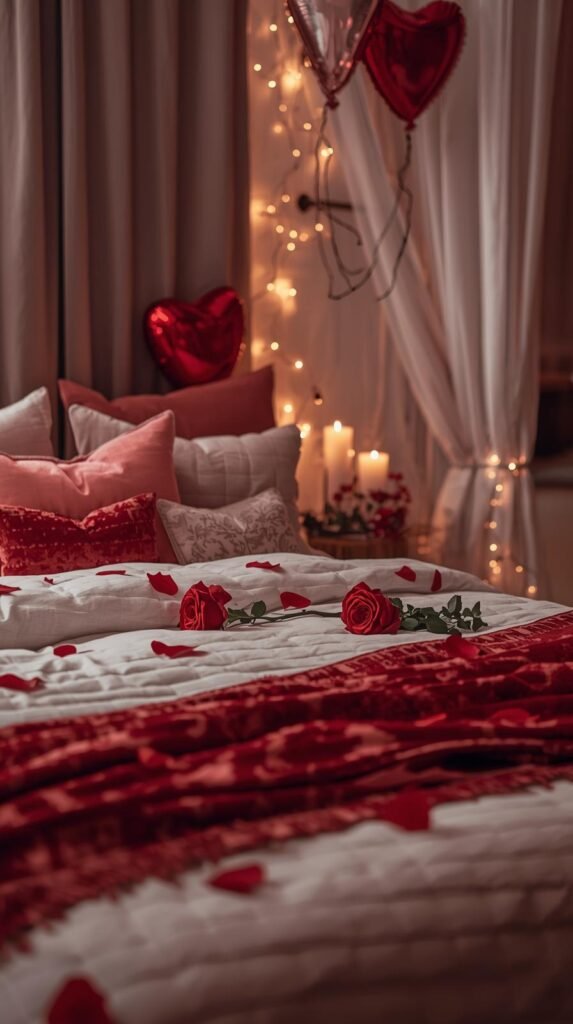 A romantic luxe Valentine’s Day hotel room with a cozy, elevated aesthetic. Neutral hotel bedding layered with blush and red accent pillows.