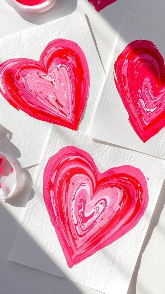 Abstract Valentine finger paint hearts created by toddlers, bold pink and red paint swirls inside heart shapes.