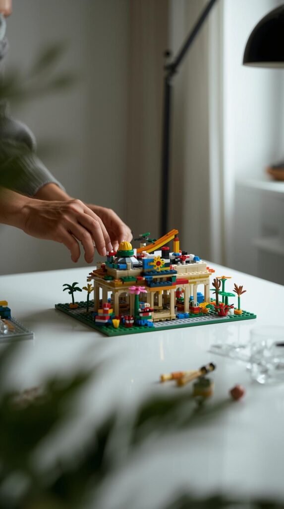 Adult LEGO build in progress botanical LEGO set on a modern table, hands assembling pieces, 