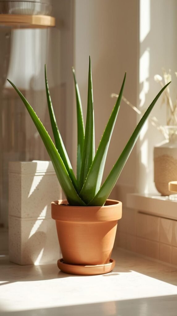 Aloe vera plant in a terracotta planter on a sunny kitchen windowsill. Clean, modern space with natural light and minimal decor.