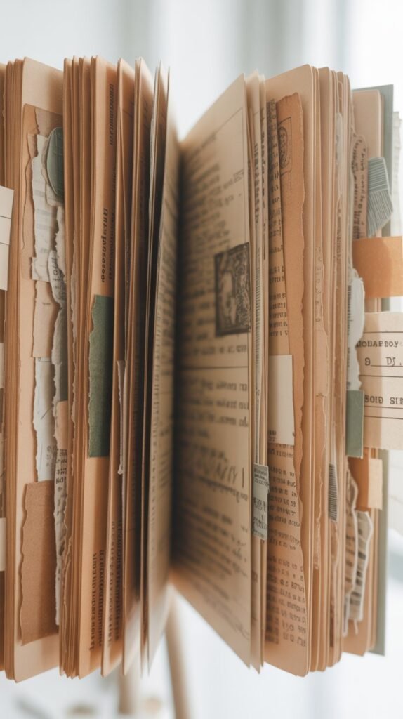 An open junk journal showing layered collage pages made from book pages, envelopes, scraps, and vintage paper. 