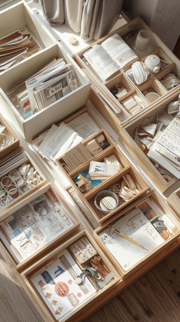 An organized but relaxed craft setup with open bins, trays, accordion folders, and a desktop caddy holding junk journal supplies. Paper scraps visible, nothing hidden behind lids. 