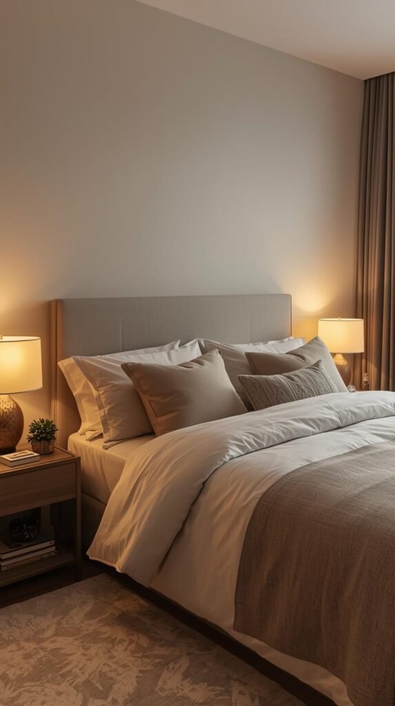 Apartment bedroom with removable headboard, layered neutral bedding, matching bedside lamps, blackout curtains, calm serene mood, modern cozy styling, renter-friendly bedroom inspiration