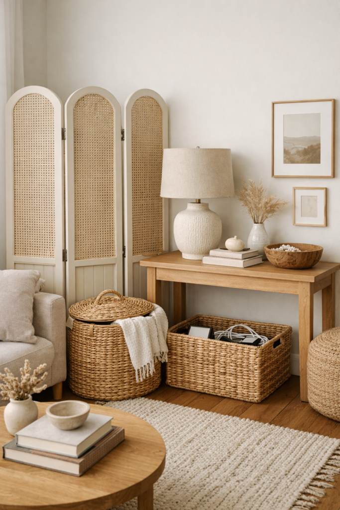 Apartment interior showing decorative folding screen hiding radiator or corner, woven baskets concealing cords and electronics, tidy and intentional styling, neutral tones, renter-friendly problem-solving decor, editorial photography