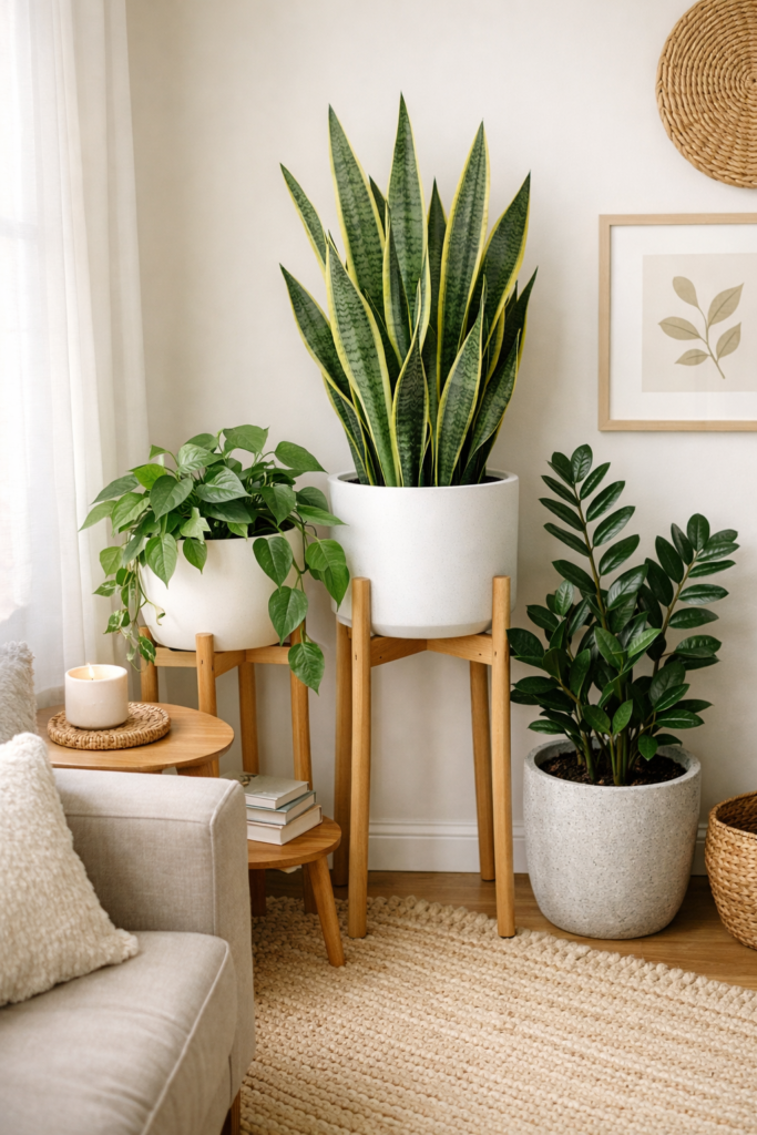 Apartment living room corner styled with snake plant, pothos, and ZZ plant in modern planters, plant stand adding height