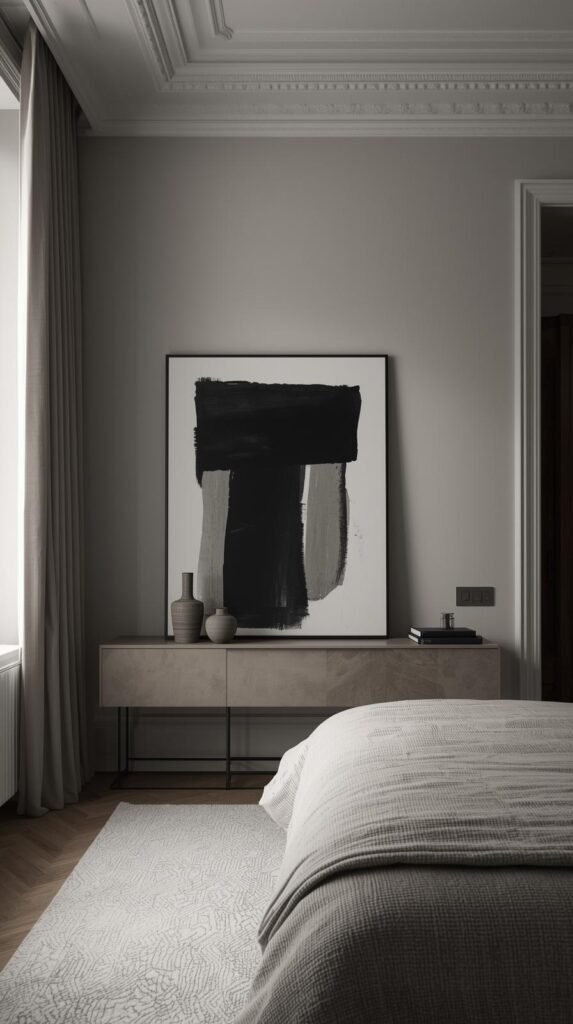 Apartment living room or bedroom with oversized art piece leaning against wall on console or floor, minimal surrounding decor.